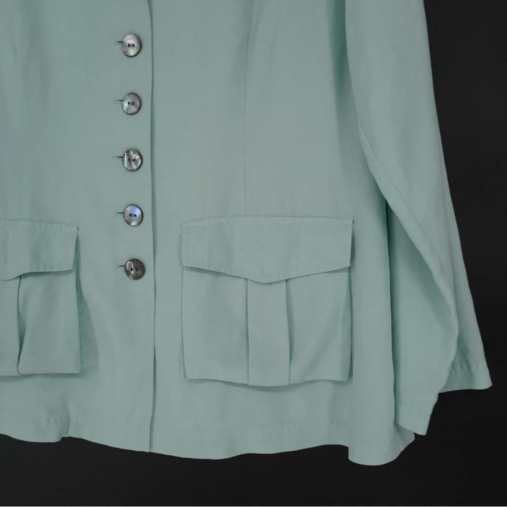 J.Jill‎ Mint Teal Button Up 100% Silk Light Weight Blazer top blouse Size 14P